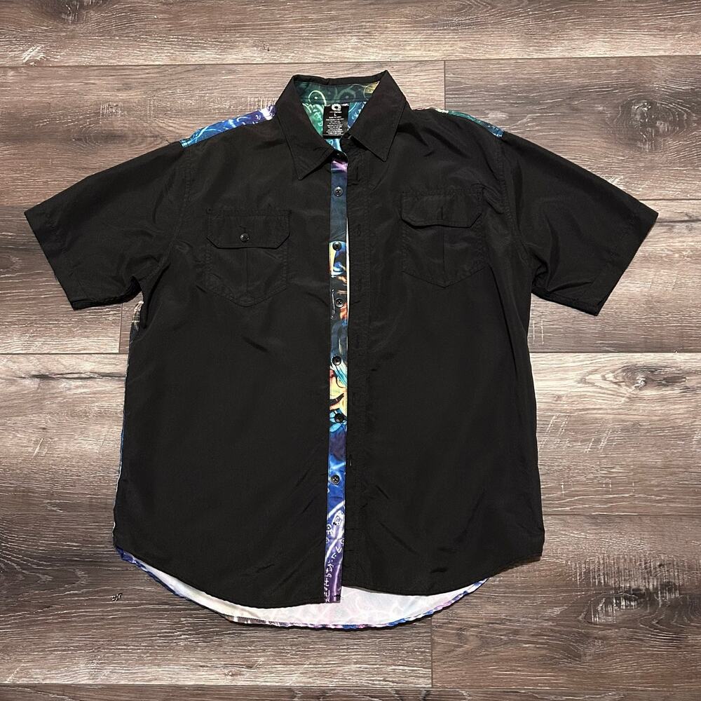 Akademiks Short Sleeve Button Down Black Shirt Tiger Back, Size Large